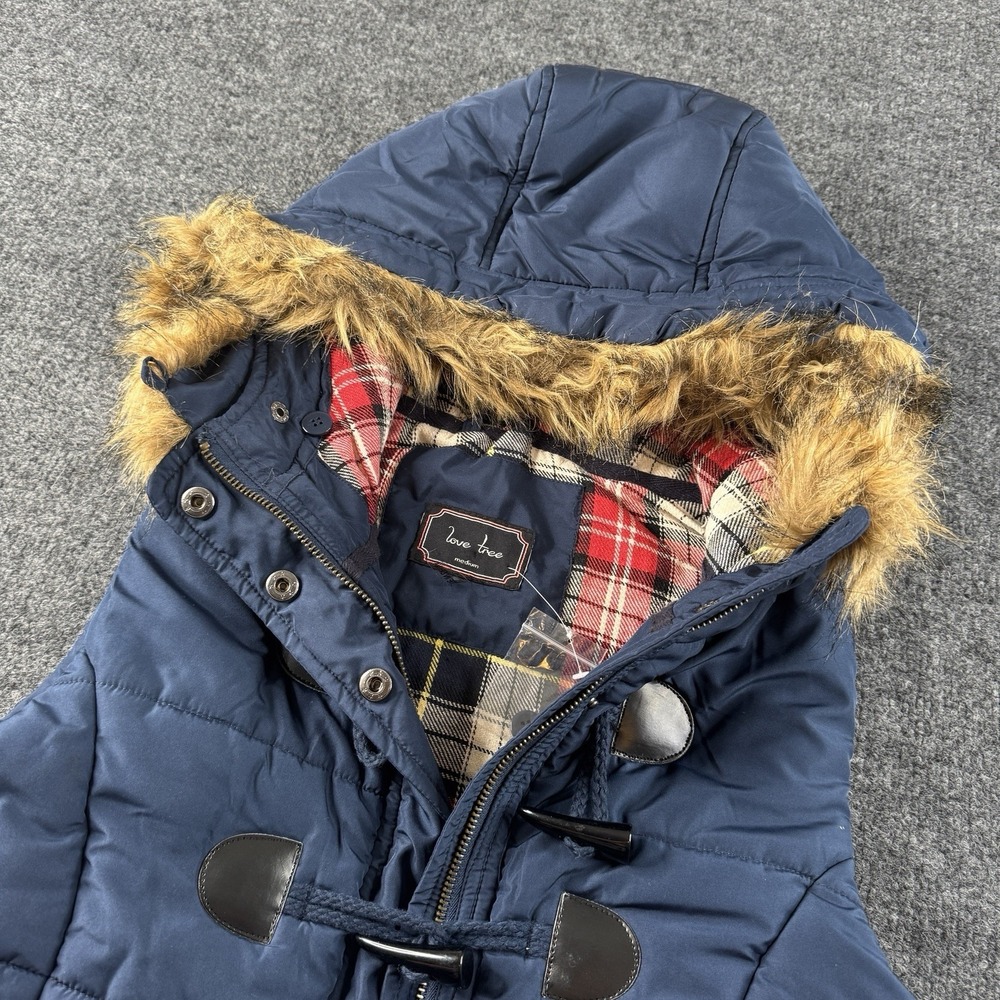 Love Tree Heavy Weight Navy Blue Lined Puffer Vest Size Large Fur Lined Hood New